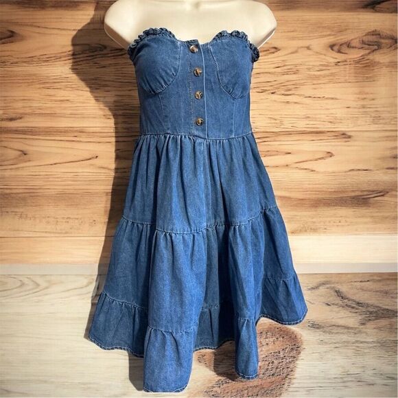 SHEIN Dresses & Skirts - SHEIN Women's Strapless Blue Jean Denim Western Tiered Ruffle Short Dress